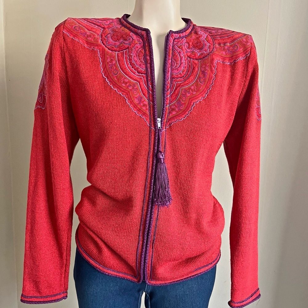 Vintage 90s Red Embroidered Paisley Cardigan Zip Tassel Boho Sweater M